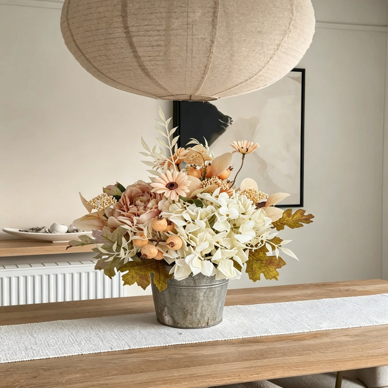Artificial Fall Maple Leaves with White Ceramic Vase - Faux Autumn Foliage Centerpiece for Home Table Decor