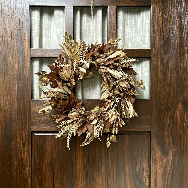 Handcrafted Autumn Faux King Protea and Fern Foliage Wreath - 24" Modern Neutral Dried-Look Wall Decor