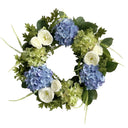 Wholesale Artificial Blue Green Hydrangea Wreath with White Ranunculus Spring Summer Door Decor