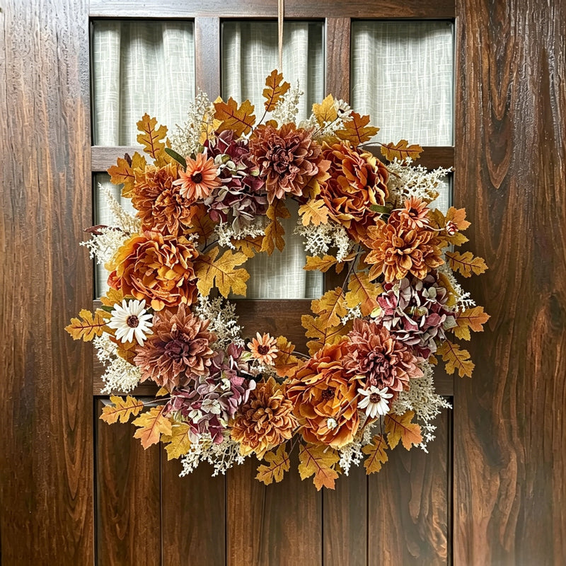 Handcrafted Autumn Faux Dahlia and Mum Wreath - 22" Rust and Burgundy Harvest Wall Decor
