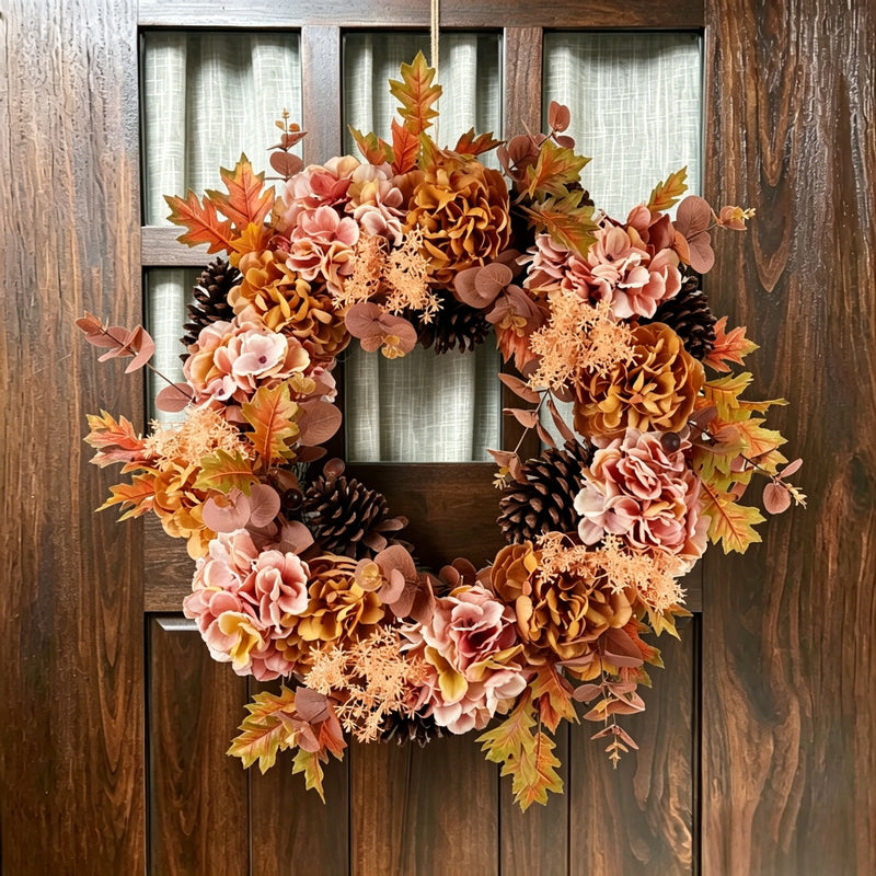 Handcrafted Autumn Faux Peony and Hydrangea Wreath with Pinecones - 26" Warm Blush and Ochre Fall Wall Decor