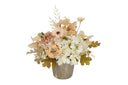 Faux Cream Hydrangea and Peach Peony Arrangement in Metallic Pot