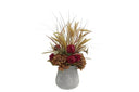 Artificial Fall Floral Centerpiece - Tonal Burgundy & Bronze Hydrangeas with Tall Grasses in Rustic Stone Vase