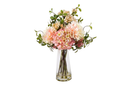 Artificial Pink Dahlia & Hydrangea Arrangement in Clear Glass Vase,Faux Floral Centerpiece for Table, Desk & Home Decor