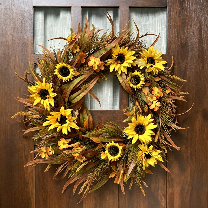Faux Harvest Sunflower and Wild Grass Wreath