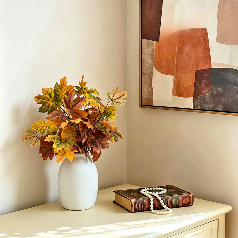 Artificial Fall Maple Leaves with White Ceramic Vase - Faux Autumn Foliage Centerpiece for Home Table Decor