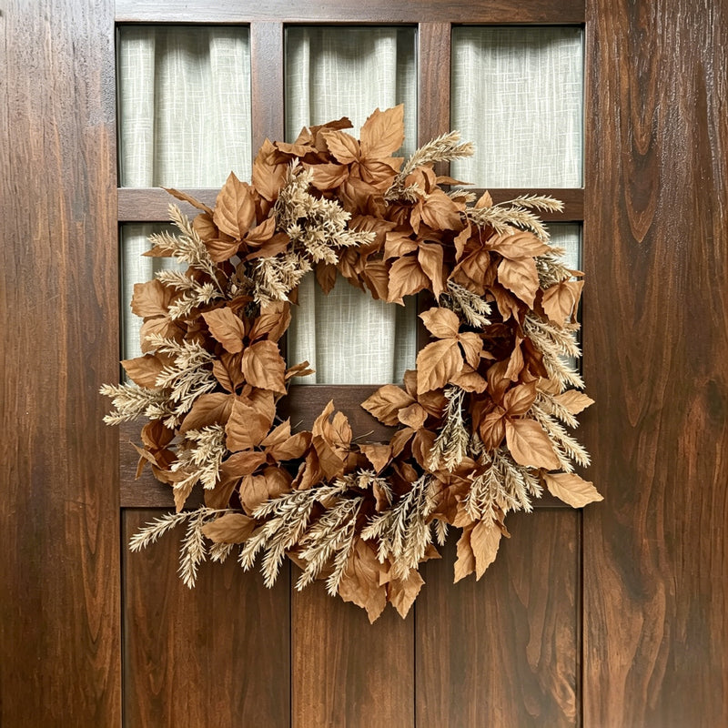 Artificial Minimalist Autumn Wreath - Faux Copper Leaves & Feathery Plumes for Modern Front Door Decor