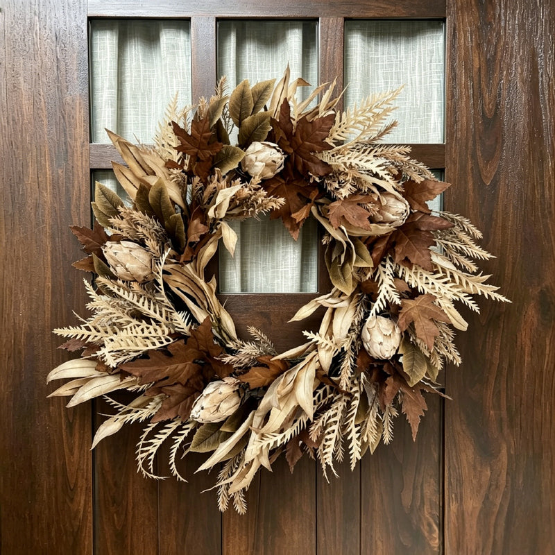 Modern Dried-Look Leaf and Fern Wreath - 24" Neutral Fall Door Decoration