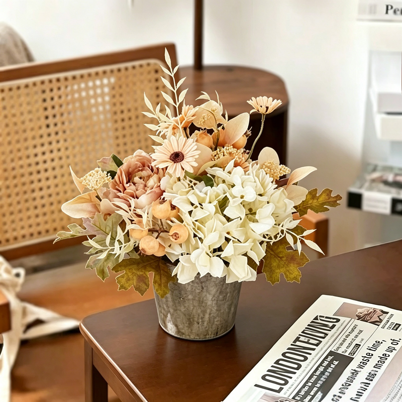 Faux Cream Hydrangea and Peach Peony Arrangement in Metallic Pot