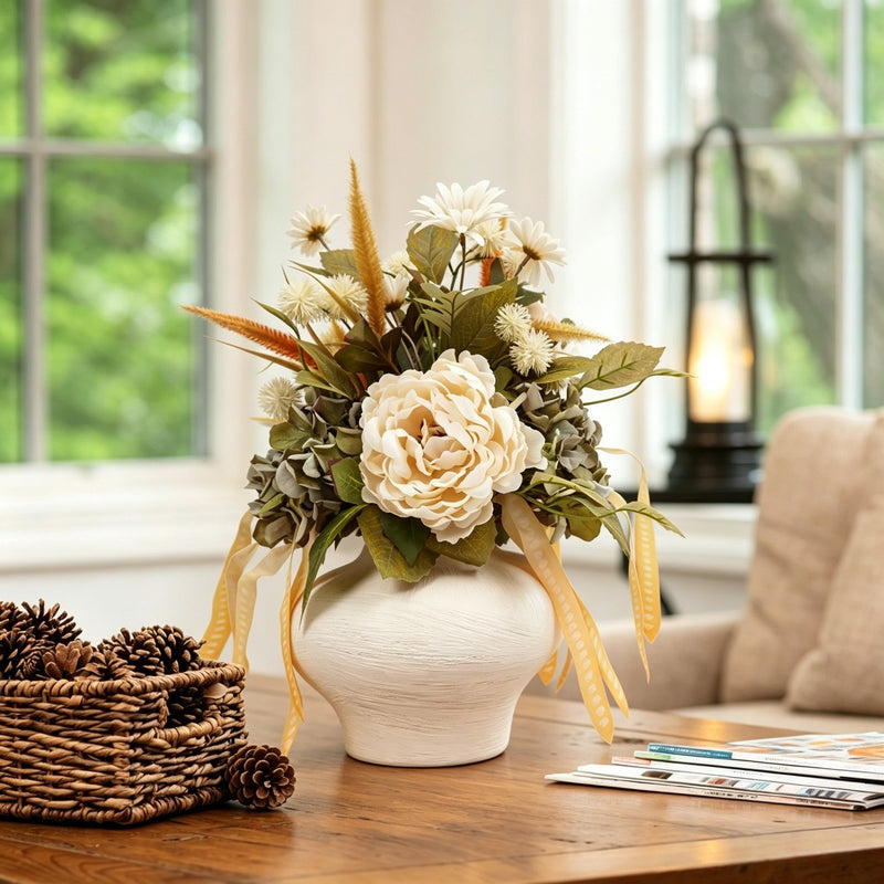 Faux Cream Peony and Sage Hydrangea Arrangement in Textured White Vase