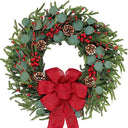 Artificial Christmas Wreath 24Inch Christmas Wreaths for Front Door Norfolk Pine Wreath with Eucalyptus Leaves Red Berries Pine Cones Red Bow for Wall Indoor Outdoor Winter Xmas Decoration