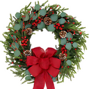 Wholesale Artificial Christmas Wreath 24Inch Christmas Wreaths for Front Door Norfolk Pine Wreath with Eucalyptus Leaves Red Berries Pine Cones Red Bow for Wall Indoor Outdoor Winter Xmas Decoration