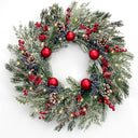 Christmas Wreath 24 Inch Christmas Wreaths for Front Door with Red Ball and Snowy Flocked, Holiday Decoration for Fireplace Xmas Decor