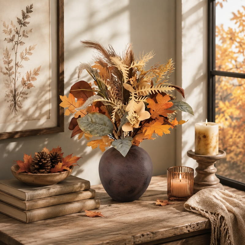 Faux Oak Leaf and Pampas Grass Arrangement in Matte Chocolate Vase