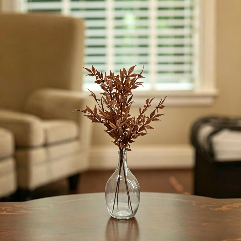 Minimalist Artificial Autumn Foliage - Faux Dried Terracotta Maple Leaves in Clear Glass Bottle for Modern Home Decor
